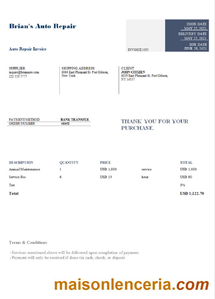 USA Brian' s Auto Repair tekst faktury i szablon PDF